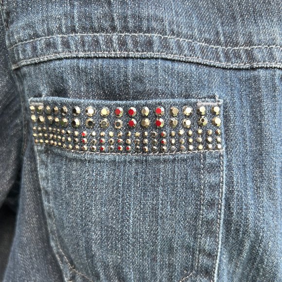 Chico's Denim Jeans Jacket Beading Dark Wash Button Front Short Sleeve Blue 2 - Picture 9 of 11